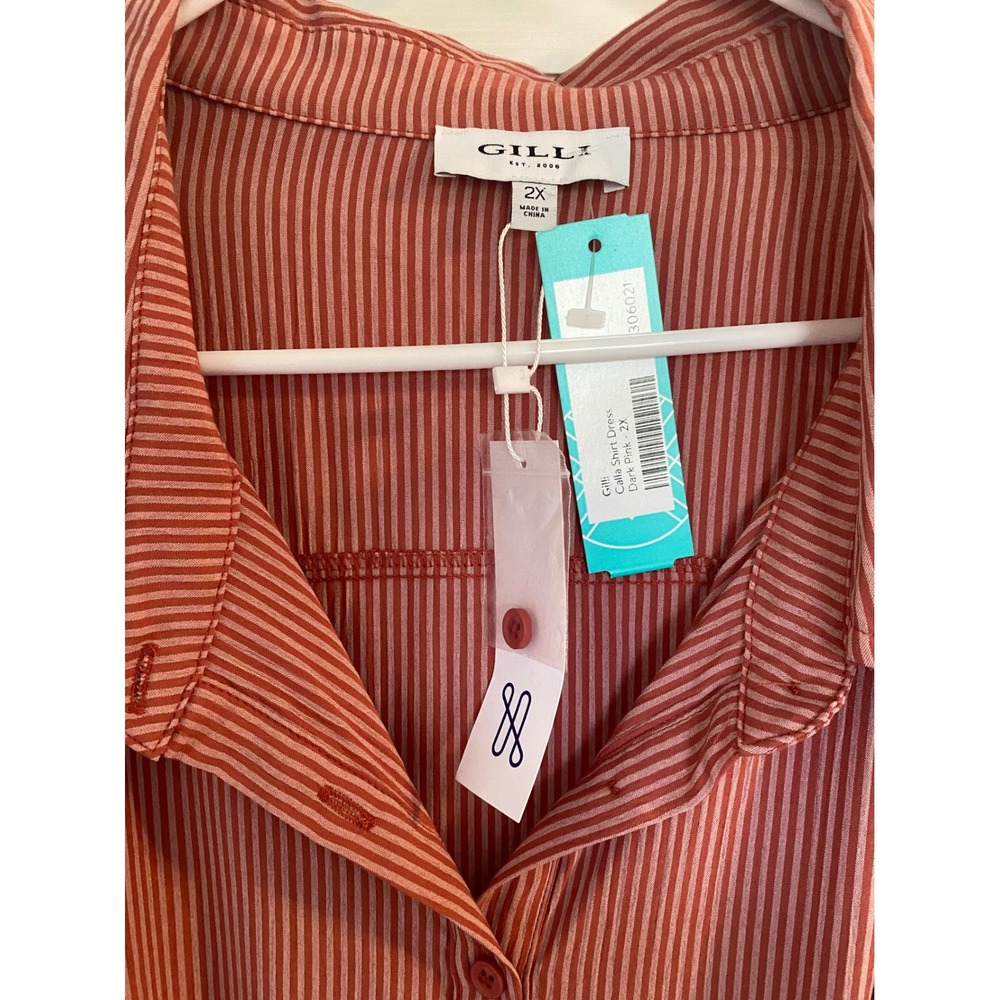 Gilli Calla Shirt Dress 2X Dark Pink Striped Ruffle Sleeve Button Front New - Picture 4 of 14